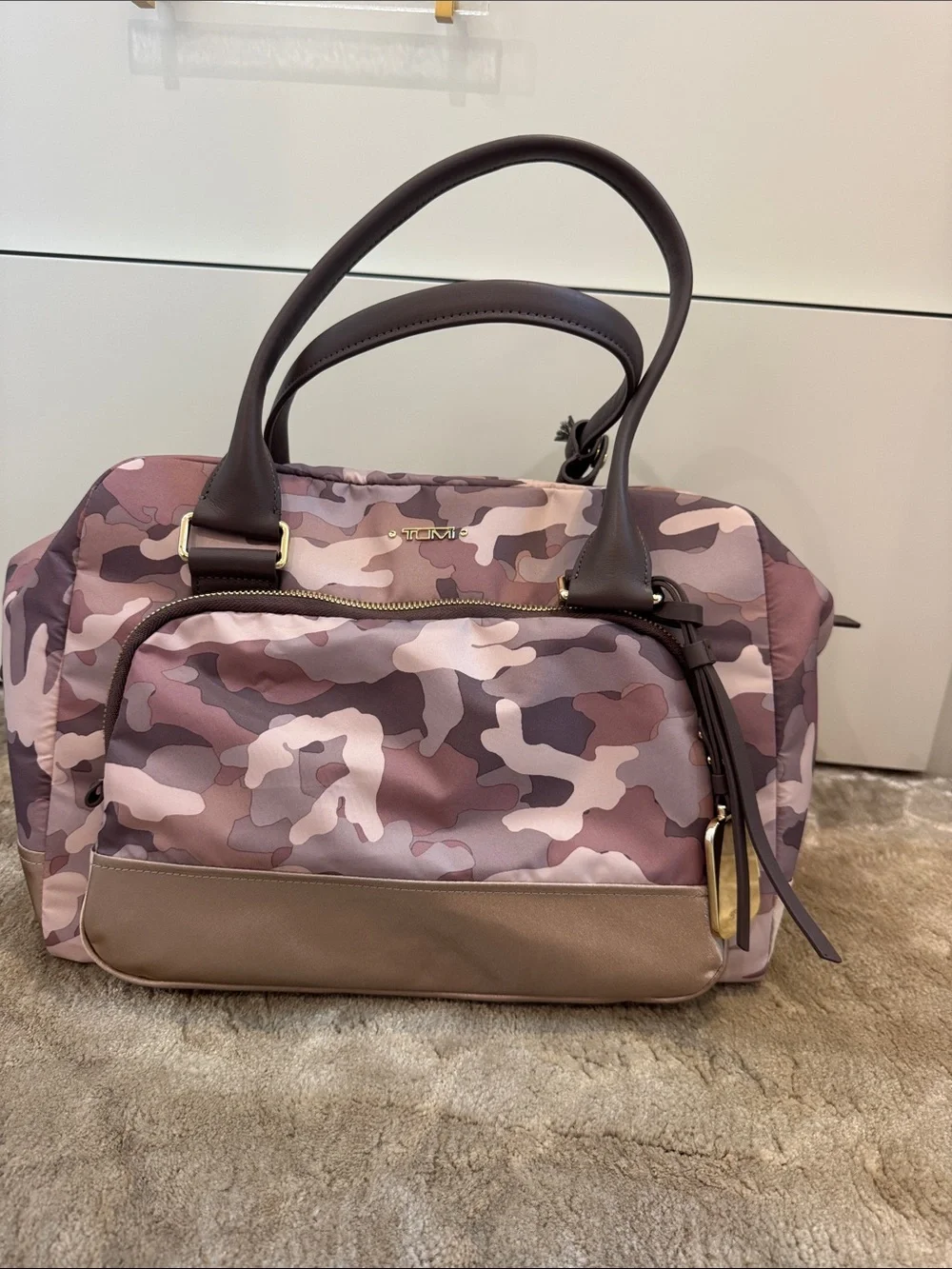 Tumi Pink Camo Duffel Bag with Brown Trim